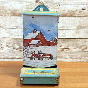 Vintage Jasco Hong Kong Metal Tin MatchBox Wall Holder Snowy Barn